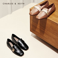 CHARLES＆KEITH2021春季CK1-70380818女士金属扣饰方头乐福鞋 Black黑色 37