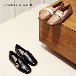CHARLES＆KEITH2021春季CK1-70380818女士金属扣饰方头乐福鞋 Black黑色 37