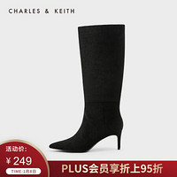 CHARLES＆KEITH2021春季CK1-90360326女士简约尖头高跟长靴 Black Textured黑色纹理 36