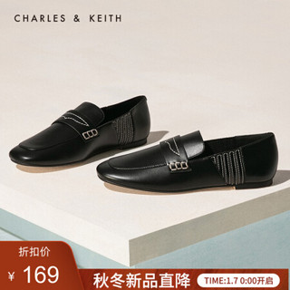 CHARLES＆KEITH2021春季CK1-70900241女士绊带装饰方头乐福鞋 Black黑色 40