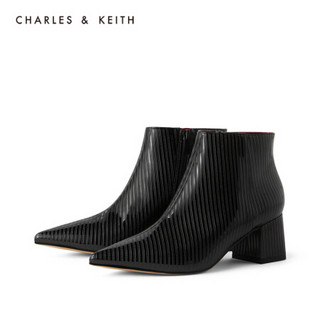 CHARLES＆KEITH2021春季女靴女鞋冬季CK1-91680062时尚亮面尖头高跟短靴女 Black Textured黑色纹理 37