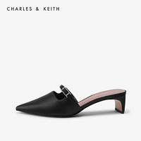 CHARLES＆KEITH2021春季CK1-61720044女士一字带尖头中跟凉鞋穆勒鞋女 Black黑色 34
