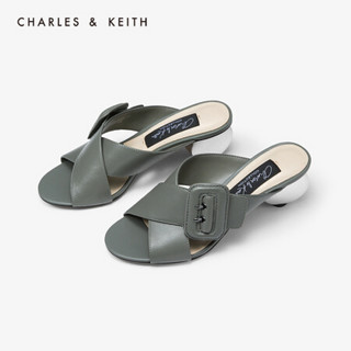 CHARLES＆KEITH凉拖SL1-60280317金属跟饰女士露趾高跟凉鞋 Sage Green灰绿色 35