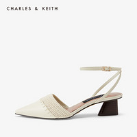 CHARLES＆KEITH2021春季SL1-61720028女士编织拼接尖头凉鞋 粉白色Chalk 34