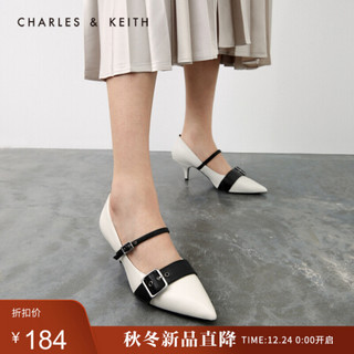 CHARLES＆KEITH2021春季CK1-60280271女士绊带饰尖头高跟单鞋 粉白色Chalk 38