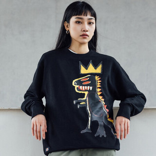 Dickies X Jean-Michel Basquiat联名合作款前身恐龙图案印花毛圈布圆领卫衣 黑色 XL