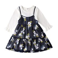 安奈儿童装女童假两件印花长袖连衣裙新款 蓝白花 130cm