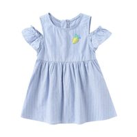 安奈儿童装女童时尚露肩短袖连衣裙小清新 宽松 新款 蓝白条 100cm