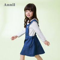 安奈儿童装女童可爱牛仔背带裙新款 中蓝牛仔 90cm