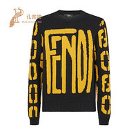 FENDI/芬迪2021新款男士时尚经典Code图案罗纹边缘羊毛毛衣 黑黄色 44