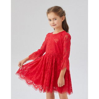 安奈儿童装女童蕾丝连衣裙九分袖新款甜美连衣裙 原力红 140cm