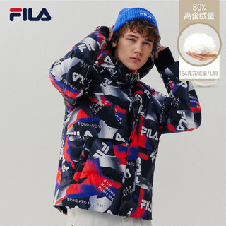 FILA 斐乐官方 黄景瑜同款 男子羽绒服 2020冬新款保暖连帽羽绒服 满印-BK 175/96A/L