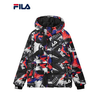 FILA 斐乐官方 黄景瑜同款 男子羽绒服 2020冬新款保暖连帽羽绒服 满印-BK 175/96A/L