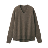 無印良品 MUJI 無印良品 女式 牦牛绒混羊毛 V领宽版毛衣 深咖啡棕色 L