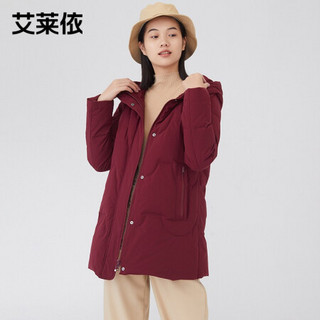 艾莱依商场同款2020秋冬新款修身中长款连帽羽绒服外套6020401140 匠艺红 175