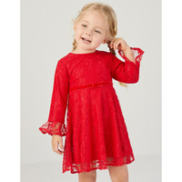 安奈儿童装小女童长袖连衣裙新款荷叶袖纯色公主裙子y 原力红 100cm