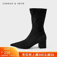 CHARLES＆KEITH2021春季女靴女鞋冬季CK1-91680073欧美纯色休闲尖头短靴女 Black黑色 38