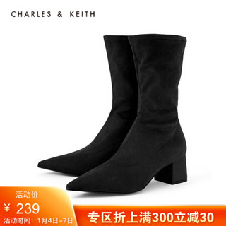 CHARLES＆KEITH2021春季女靴女鞋冬季CK1-91680073欧美纯色休闲尖头短靴女 Black黑色 38