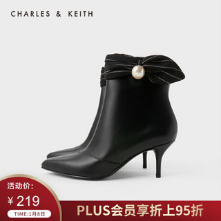 CHARLES＆KEITH2021春季女靴女鞋CK1-91680054圆珠装饰女士高跟短靴 Black黑色 37