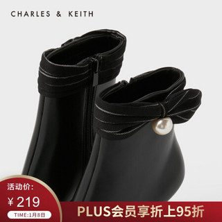 CHARLES＆KEITH2021春季女靴女鞋CK1-91680054圆珠装饰女士高跟短靴 Black黑色 37