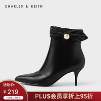 CHARLES＆KEITH2021春季女靴女鞋CK1-91680054圆珠装饰女士高跟短靴 Black黑色 37