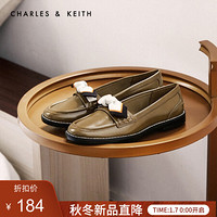 CHARLES＆KEITH2021春季CK1-70380800女士蝴蝶结饰低跟乐福鞋 Olive橄榄绿色 37