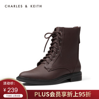 CHARLES＆KEITH新品CK1-90360315纯色简约系带低跟马丁瘦瘦靴女 Brown棕色 37