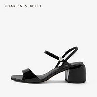 CHARLES＆KEITH2021春季CK1-60361261女士一字带方头高跟凉鞋 Black黑色 38