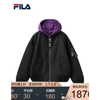 FILA x MIHARA斐乐官方男子连帽外套撞色休闲时尚梭织长袖上衣男 正黑色-BK 170/92A/M