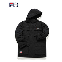 FILA FUSION 斐乐 中长款羽绒服男 2020年冬季新款保暖连帽外套 深黑-BK（宽松版型，建议拍小一码） 180/100A/XL