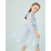 安奈儿童装女童连衣裙复古风新款文艺清新连衣裙 蓝白格 140cm