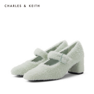 CHARLES＆KEITH2021春季CK1-60920230女士毛绒高跟玛丽珍鞋单鞋 Sage Green灰绿色 34