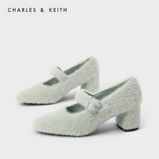CHARLES＆KEITH2021春季CK1-60920230女士毛绒高跟玛丽珍鞋单鞋 Sage Green灰绿色 34
