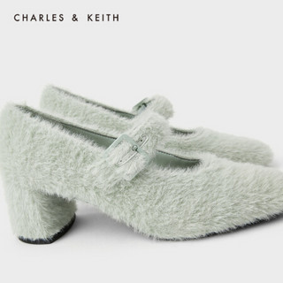 CHARLES＆KEITH2021春季CK1-60920230女士毛绒高跟玛丽珍鞋单鞋 Sage Green灰绿色 34