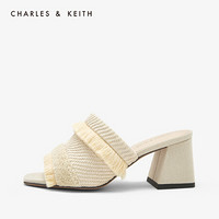 CHARLES＆KEITH2021春季CK1-60361238女士时尚流苏装饰露趾高跟凉鞋女 粉白色Chalk 36