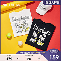 Skechers斯凯奇运动时尚卡通印花T恤女子针织圆领短袖衫L220U085（S、碳黑/0018）