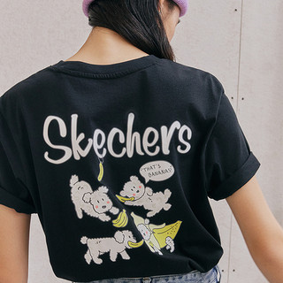 Skechers斯凯奇运动时尚卡通印花T恤女子针织圆领短袖衫L220U085（XXL、碳黑/0018）