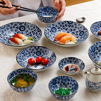 美浓烧日本进口陶瓷碗碟套装大号汤面碗家用餐具礼盒套装 蓝华6件套礼盒装