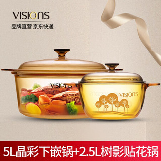 VISIONS 康宁锅晶彩透明锅大容量5L玻璃锅家用锅具套装锅盖下嵌琥珀锅明火直烧耐高温 VSD-5+VS-25贴花款