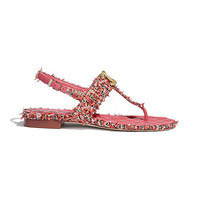 CHANEL香奈儿女鞋2021年早春系列斜纹软呢珊瑚色、红与粉红低跟凉鞋时尚休闲 35