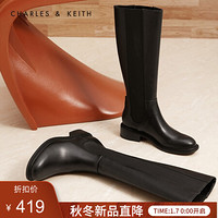 CHARLES＆KEITH2021春季CK1-90360347女士简约松紧带高筒靴 Black黑色 37