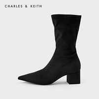 CHARLES＆KEITH2021春季女靴女鞋冬季CK1-91680073欧美纯色休闲尖头短靴女 Black黑色 37