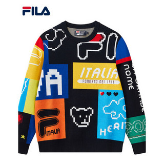 FILA 斐乐官方男编织衫2021春季新款女印花LOGO运动毛衣 传奇蓝-NV 175/96A/L