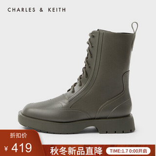 CHARLES＆KEITH2021春季CK1-90380116女士英伦风系带马丁靴 MILITARY GREEN军绿色 37