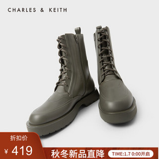 CHARLES＆KEITH2021春季CK1-90380116女士英伦风系带马丁靴 MILITARY GREEN军绿色 37