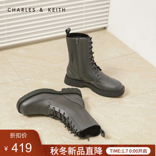 CHARLES＆KEITH2021春季CK1-90380116女士英伦风系带马丁靴 MILITARY GREEN军绿色 37