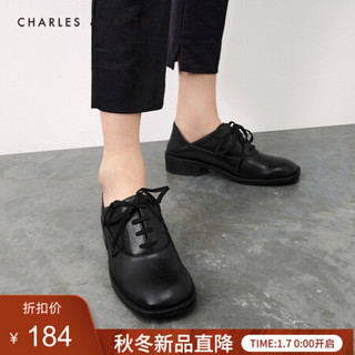 CHARLES＆KEITH2021春季CK1-70380820女士方头系带中跟乐福鞋 Black黑色 36