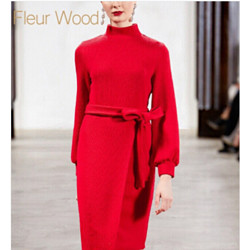 Fleur Wood 2DDL011 红色半高领系带针织连衣裙