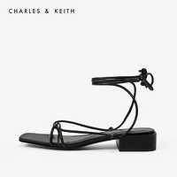 CHARLES＆KEITH2021春季CK1-70900209女士绑带方头低跟凉鞋 Black黑色 36