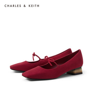 CHARLES＆KEITH2021春新品CK1-60580199女士蝴蝶结方头玛丽珍单鞋 Red红色 38